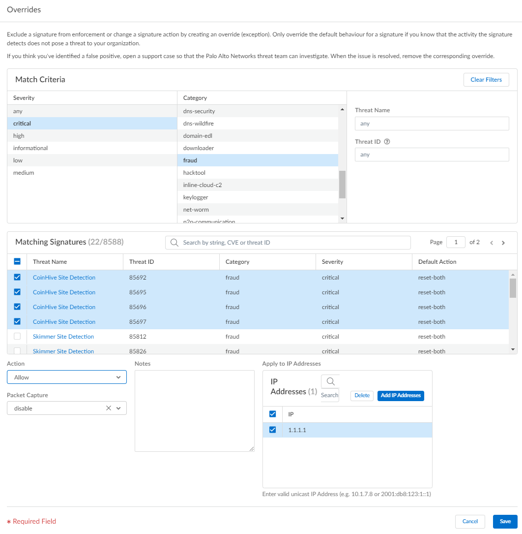 Screenshot of Strata Cloud Manager Anti-Spyware/Vulnerability Profile Add Override.