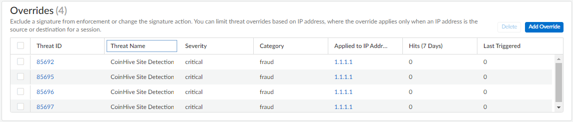 Screenshot of Strata Cloud Manager Anti-Spyware/Vulnerability Profile Overrides list.