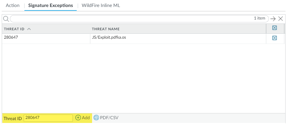 Screenshot of PAN-OS Antivirus Profile Signature Exceptions.