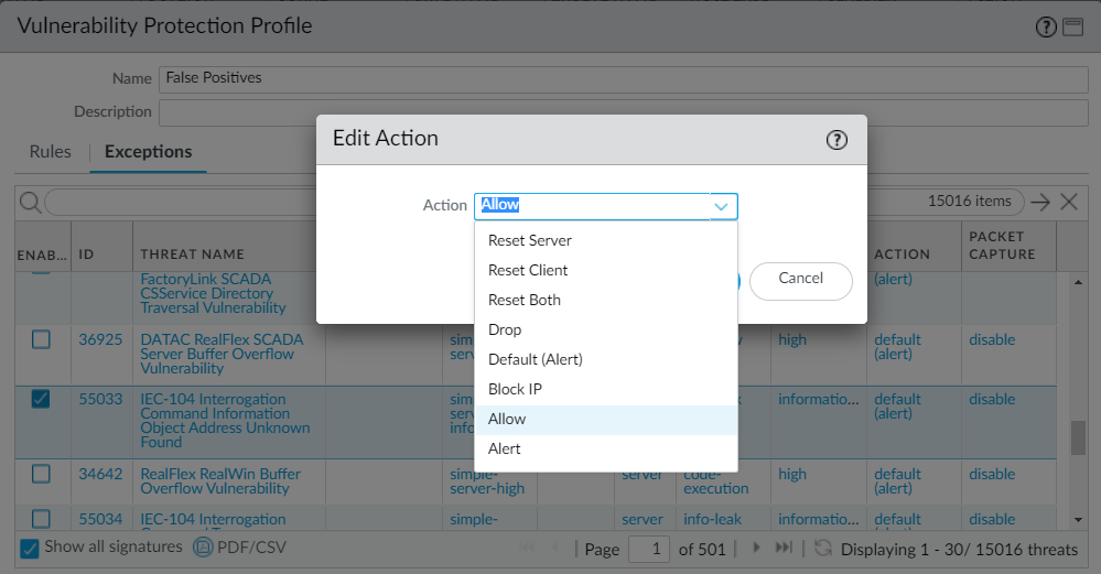 Screenshot of PAN-OS Anti-Spyware/Vulnerability Protection Profile Exceptions list with Action column.