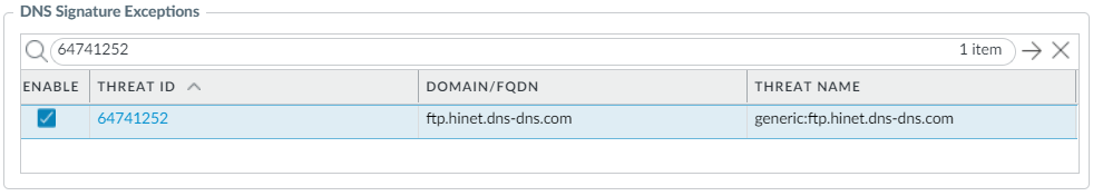 Screenshot of PAN-OS Anti-Spyware Profile DNS Exceptions.