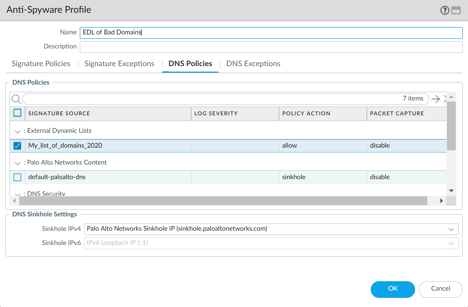 Screenshot of PAN-OS Anti-Spyware Profile DNS Policies with EDL selected.