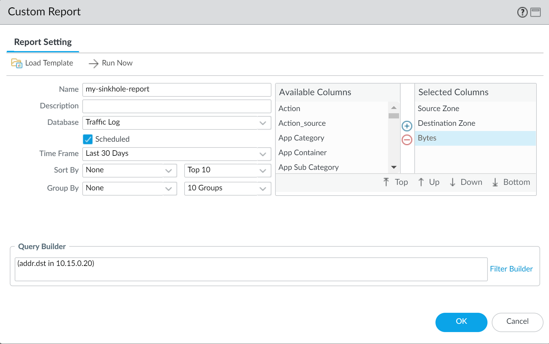 Screenshot of PAN-OS Monitor Manage Custom Reports Query Builder.