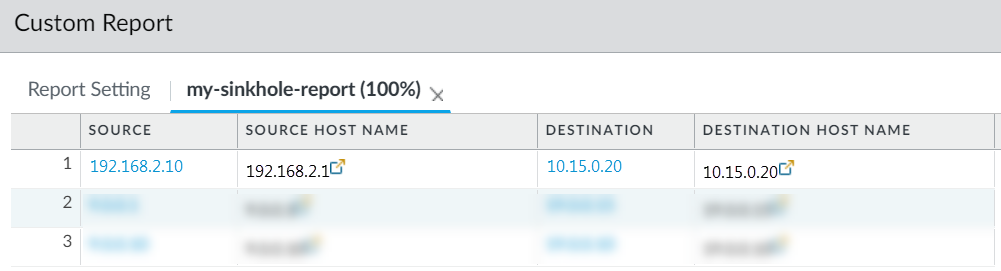 Screenshot of PAN-OS Monitor Reports showing a custom report result.