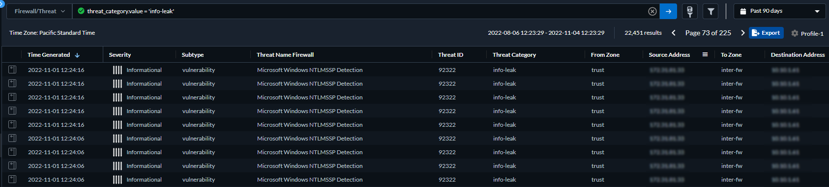 Screenshot of Strata Cloud Manager Log Viewer Threat logs with filter.