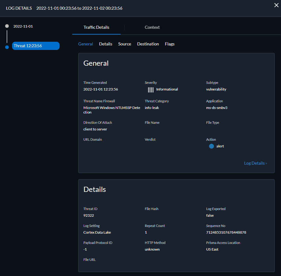 Screenshot of Strata Cloud Manager Log Viewer Threat log details.