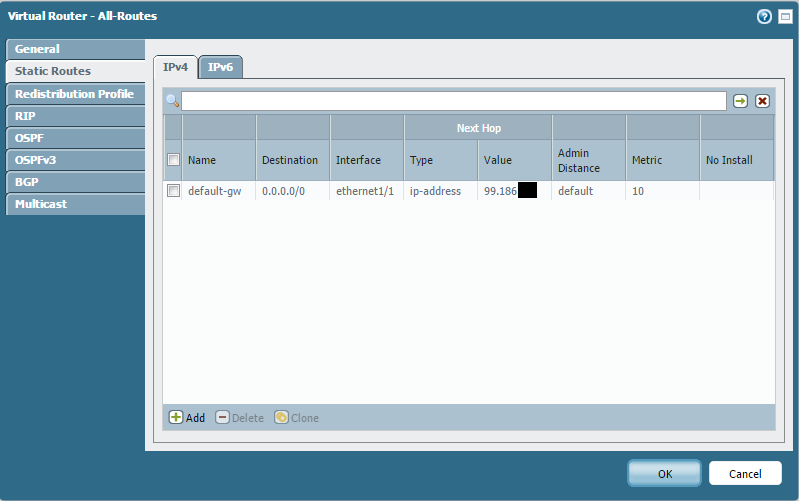 Virtual Router Static Route