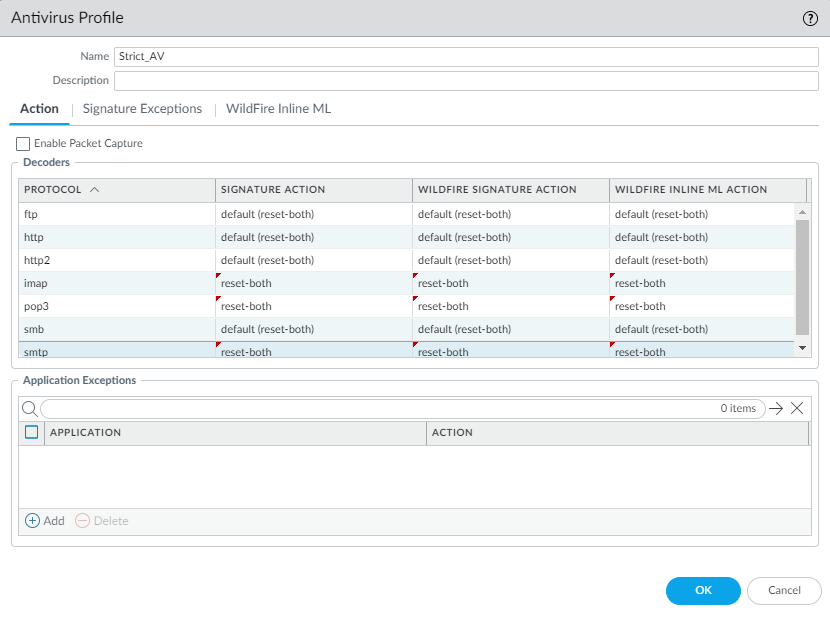 Screenshot showing Antivirus Security Profile configuration.