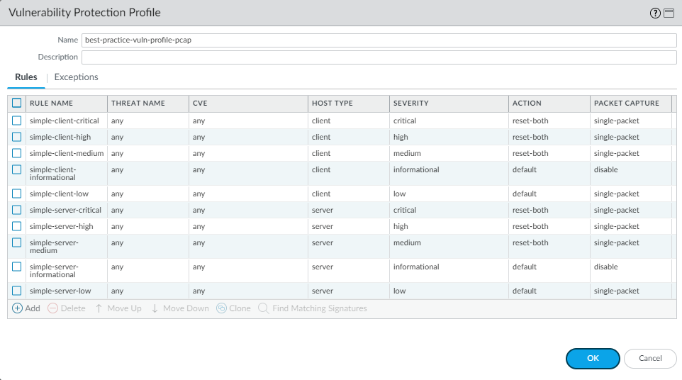 Screenshot showing Vulnerability Protection Security Profile configuration.
