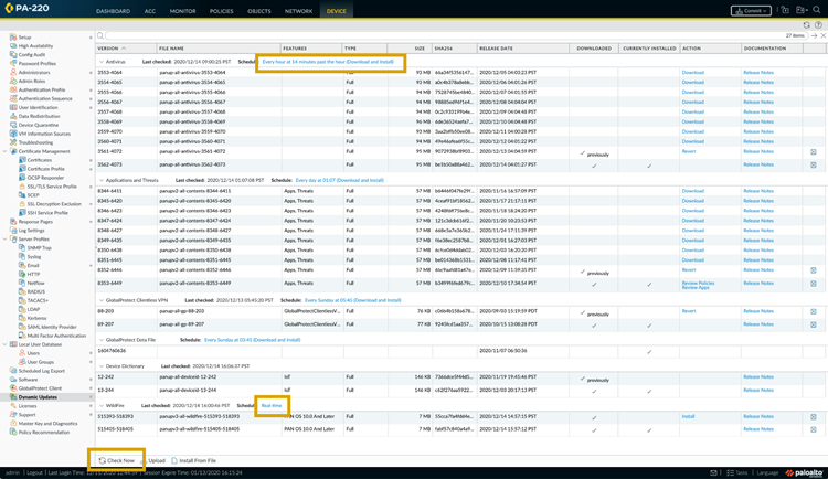 Dynamic Updates screen showing Antivirus and WildFire updates.