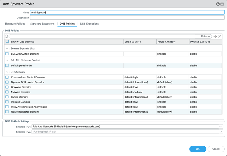 Anti-Spyware Profile with DNS Policies tab selected.