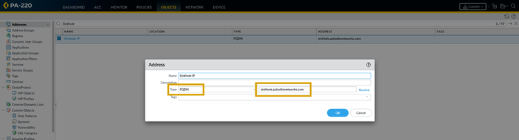 Creating an FQDN Address Object for sinkhole.paloaltonetworks.com