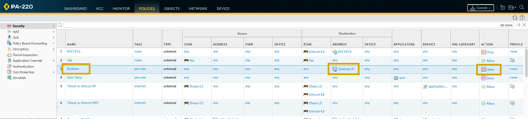 Security Policy rule definition for Sinkhole traffic using FQDN object.
