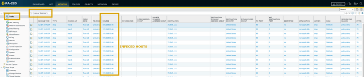 Traffic Log filtered by the Sinkhole rule name.