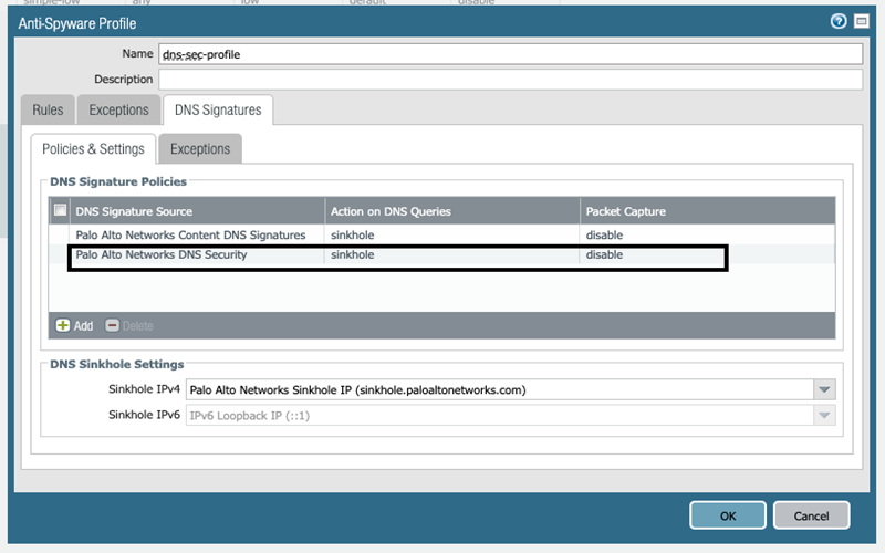 DNS Security configuration in PAN-OS 9.x Anti-Spyware profile