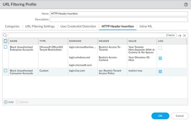 Example HTTP Header Insertion Entries List