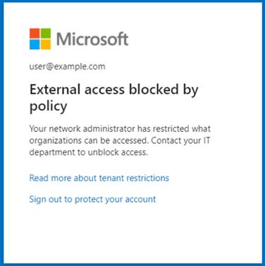 Microsoft error page indicating access blocked by organizational policy