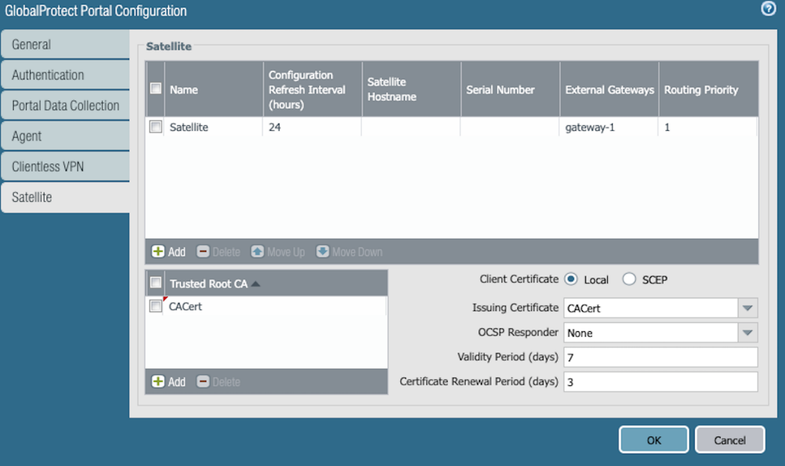 Snapshot of Satellite configuration dialog box