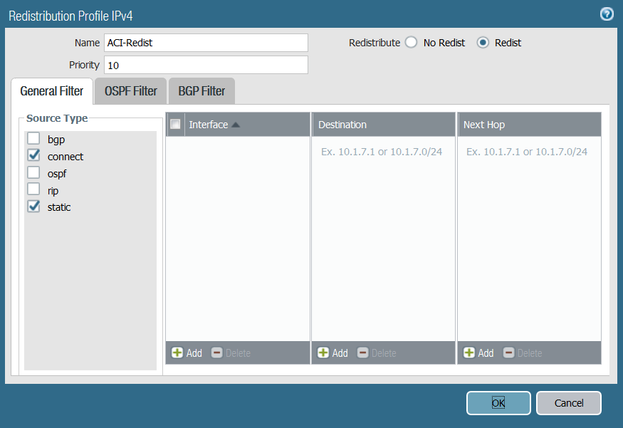 Screenshot showing the IPv4 Redistribution Profile configuration window.