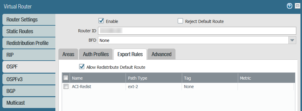 Screenshot showing the OSPF configuration window including Router ID, Area configuration, and Export Rules.