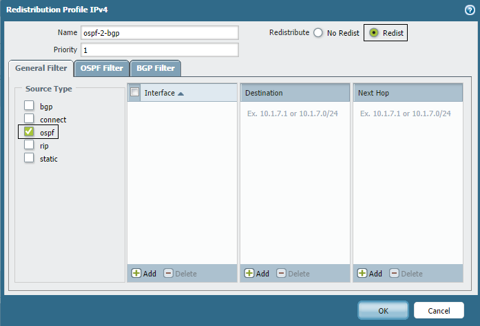 Screenshot showing Redistribution Profile with OSPF filter options.