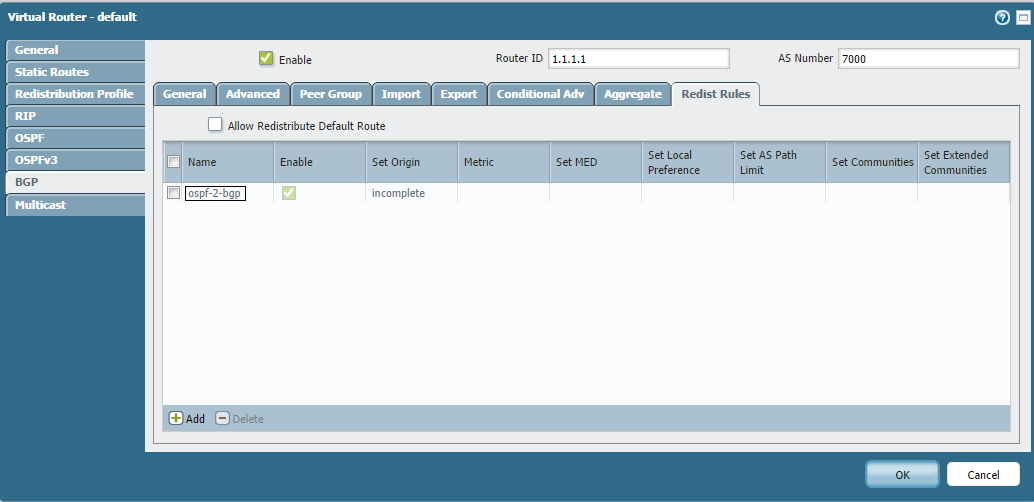 Screenshot showing BGP Redistribution Rules applying an OSPF redistribution profile.