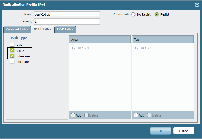 Screenshot showing a Redistribution Profile configured to redistribute Inter-Area and Ext Type-1 routes.