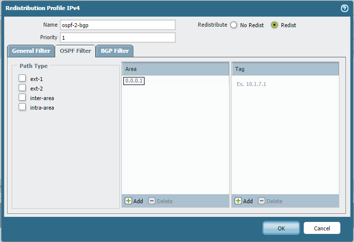Screenshot showing Redistribution Profile configured to filter by OSPF Area ID 0.0.0.1.