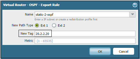 Screenshot showing OSPF Export Rule with a field to set an External Route Tag.