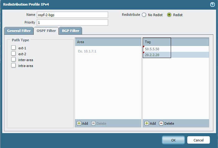 Screenshot showing a Redistribution Profile configured to filter external OSPF routes based on specific Tags.