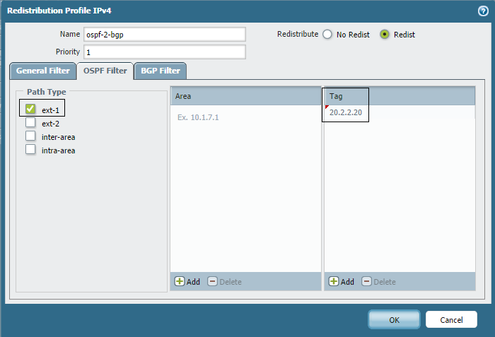 Screenshot showing Redistribution Profile filtering by both Tag and Path Type Ext-1.