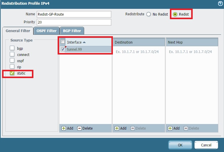 Screenshot showing the Redistribution Profile configuration for GlobalProtect routes.