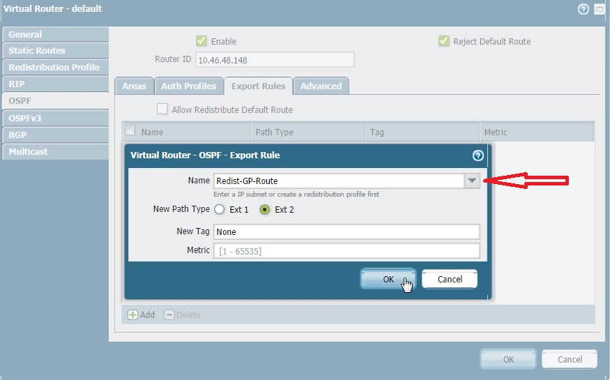 Screenshot showing the OSPF Export Rule applying the GlobalProtect redistribution profile.