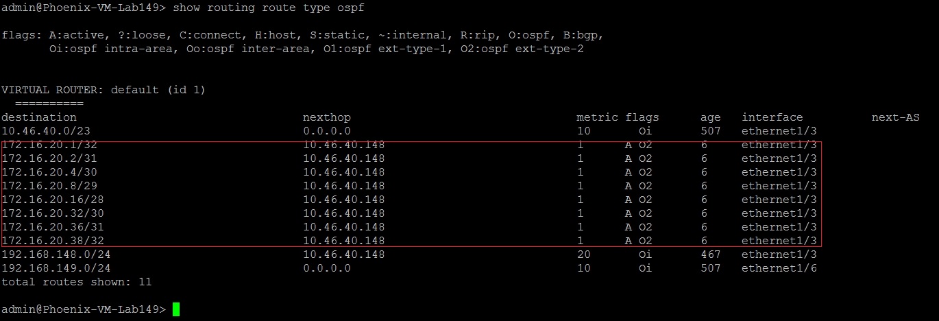 CLI output showing GlobalProtect routes learned via OSPF on a neighboring device.