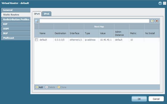 Screenshot showing the Static Routes configuration window.