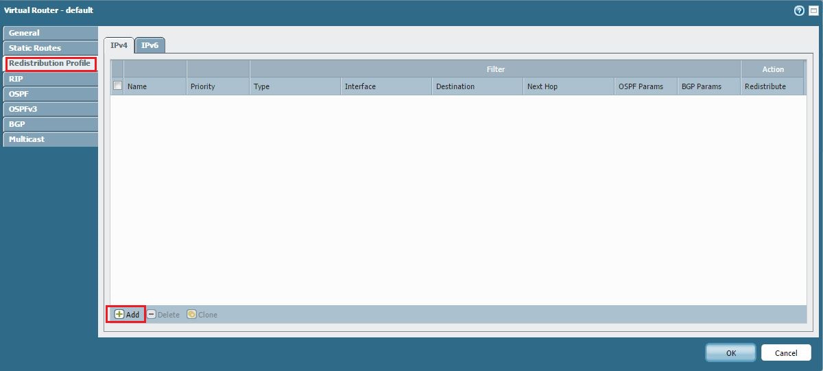 Screenshot highlighting the Add button for Redistribution Profiles.
