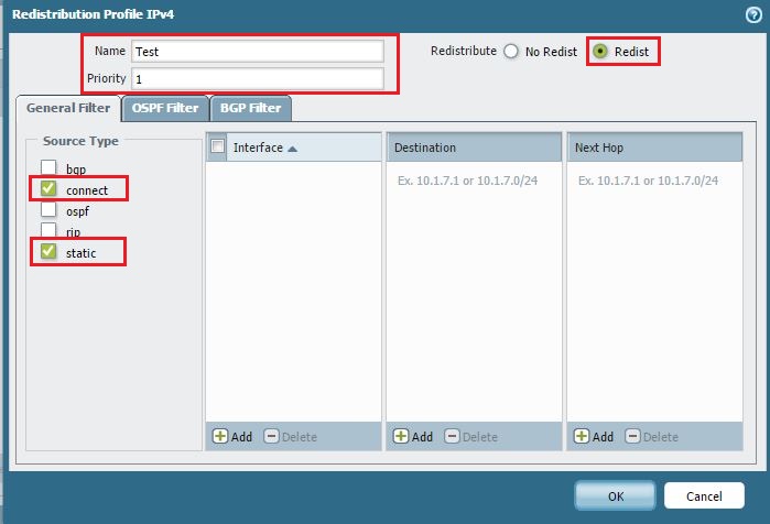 Screenshot of Redistribution Profile configured for static and connected routes.