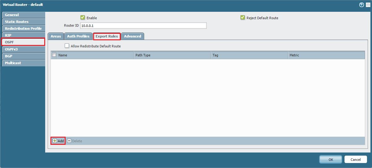 Screenshot navigating to OSPF Export Rules.