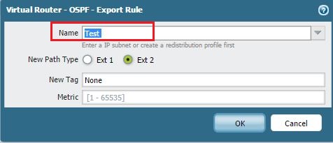 Screenshot showing the OSPF Export Rule configuration window.