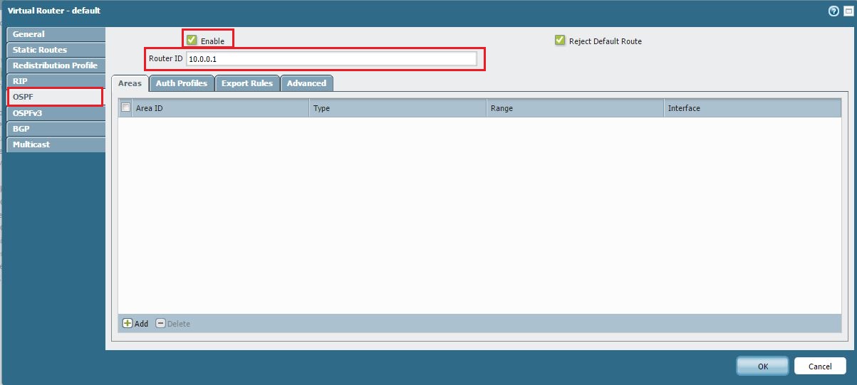 Screenshot showing basic OSPF configuration enabled.