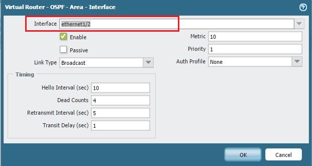 Screenshot showing at least one interface configured within an OSPF Area.