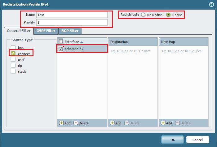 Screenshot showing Redistribution Profile for specific connected interfaces.