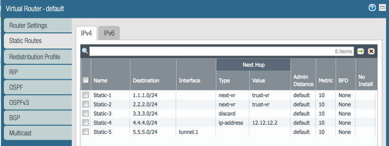 Screenshot showing multiple static routes configured on PA-1.