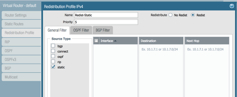 Screenshot of the initial redistribution profile allowing all static routes.