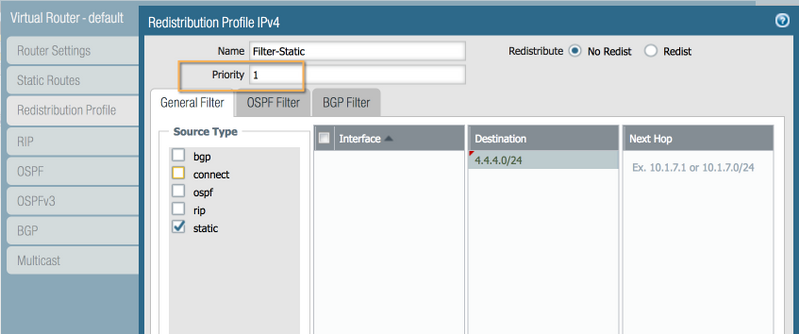 Screenshot showing both Redistribution Profiles: Filter-Static (Prio 1) and Redist-Static (Prio 5).
