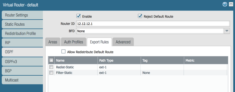 Screenshot of the 'No Redist' redistribution profile filtering 4.4.4.0/24.