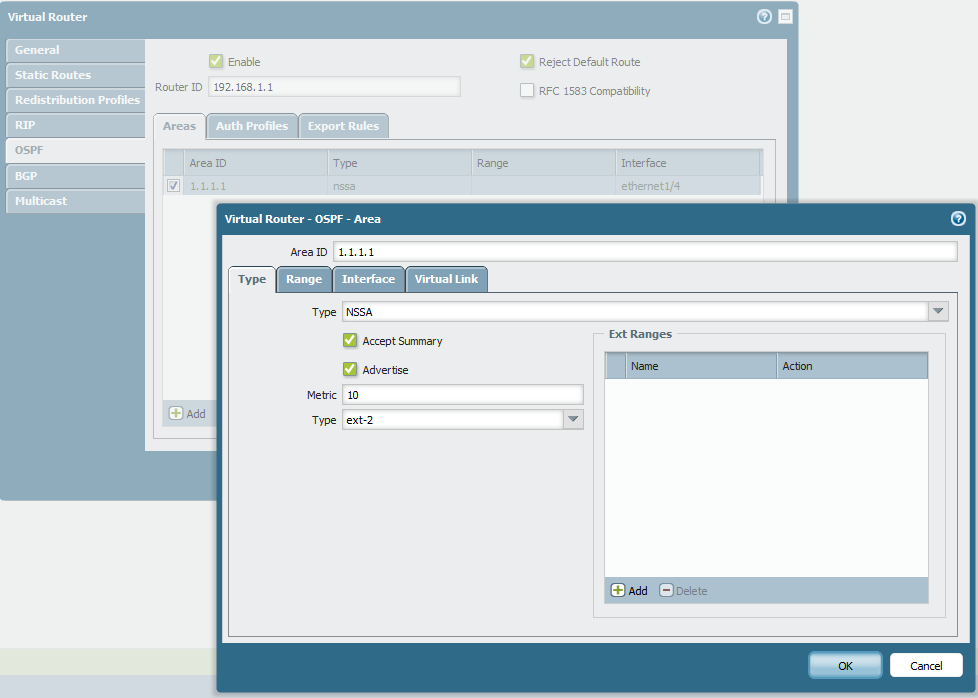 Screenshot showing OSPF Area configuration window.