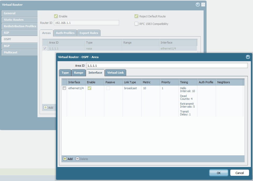 Screenshot highlighting the NSSA Area Type selection.