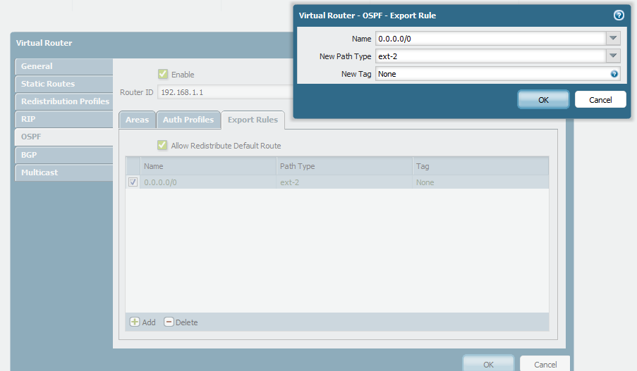 Screenshot of OSPF configuration highlighting 'Allow Redistribute Default Route'.