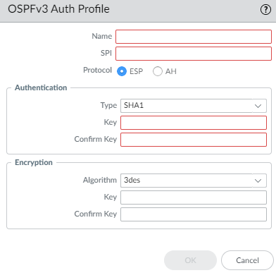 Screenshot of OSPFv3 Authentication Profile configuration window.